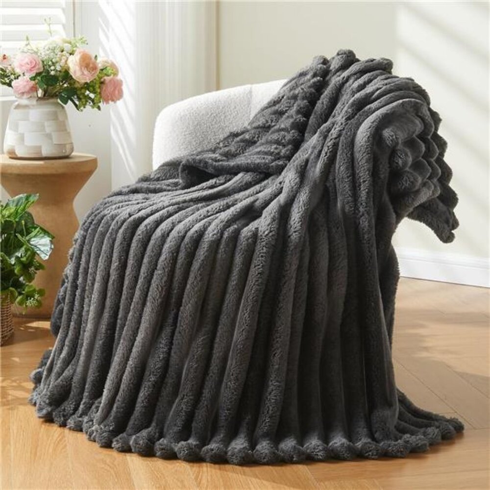 Super Soft Throw Blanket Grey Premium Silky Flannel Fleece Ribbed 50"x60"